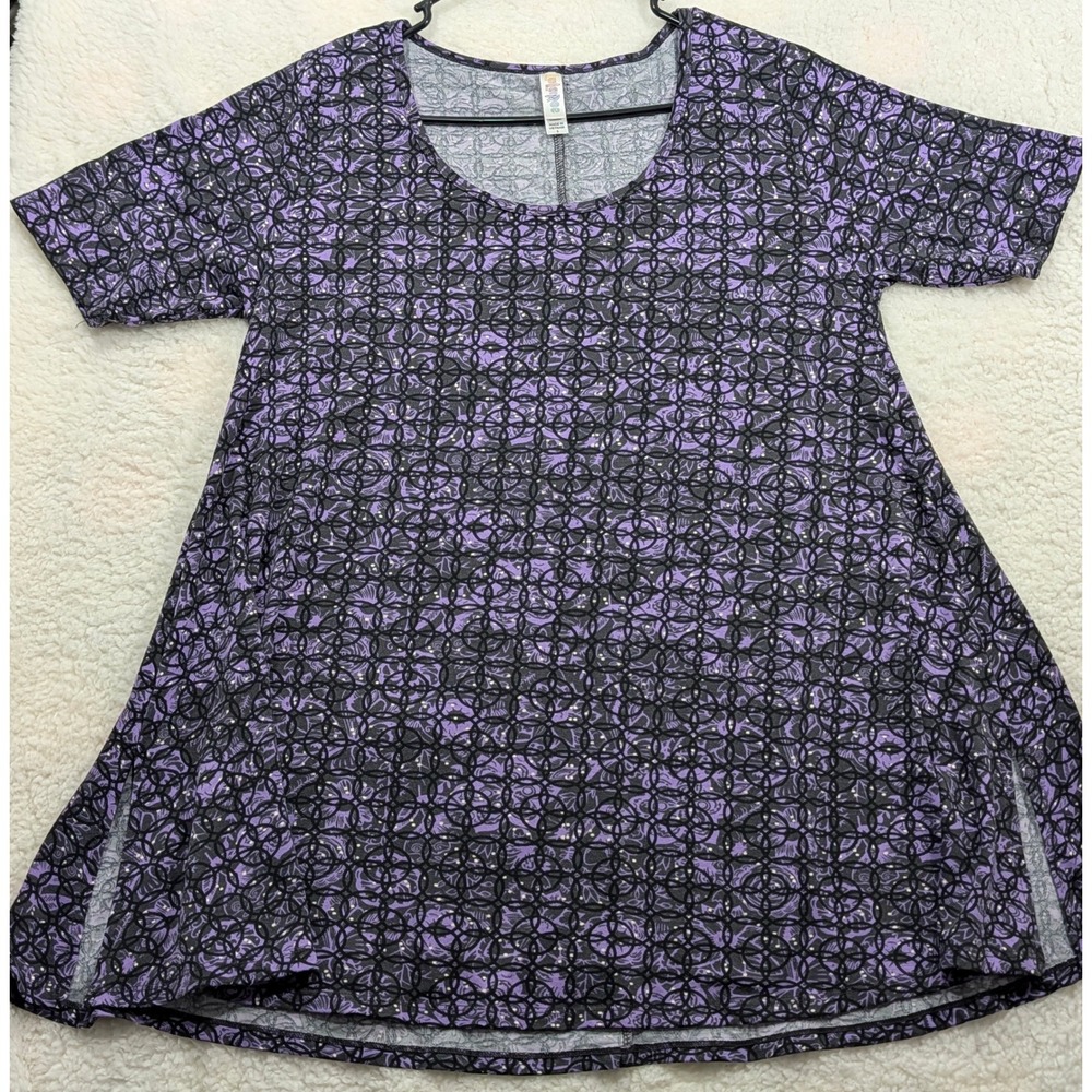 LuLaRoe Irma Tunic Top Small Purple Black Geometric Floral High-Low Hemline